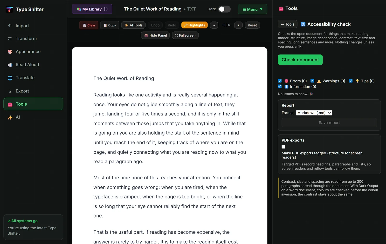 The Accessibility check panel in Type Shifter, explaining that it checks the open document for structure, image descriptions, contrast, text size and spacing and long sentences, with a Check document button, counts of errors, warnings, tips and information, a report format selector, and an option to make PDF exports tagged with structure for screen readers.