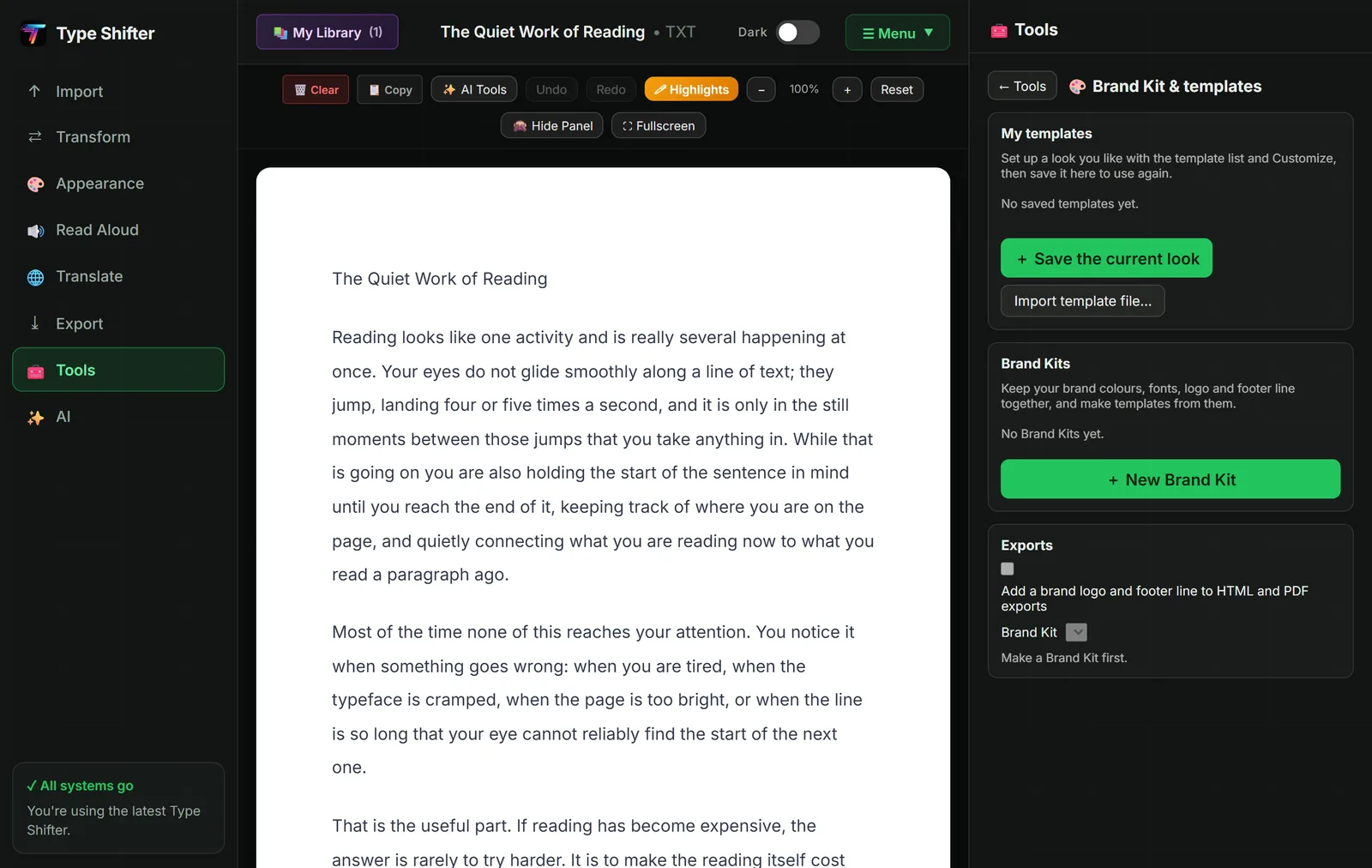 The Brand Kit and templates panel in Type Shifter, with a My templates section offering to save the current look or import a template file, a Brand Kits section with a New Brand Kit button and the note that a kit keeps brand colours, fonts, logo and footer line together, and an Exports section with an option to add a brand logo and footer line to HTML and PDF exports.