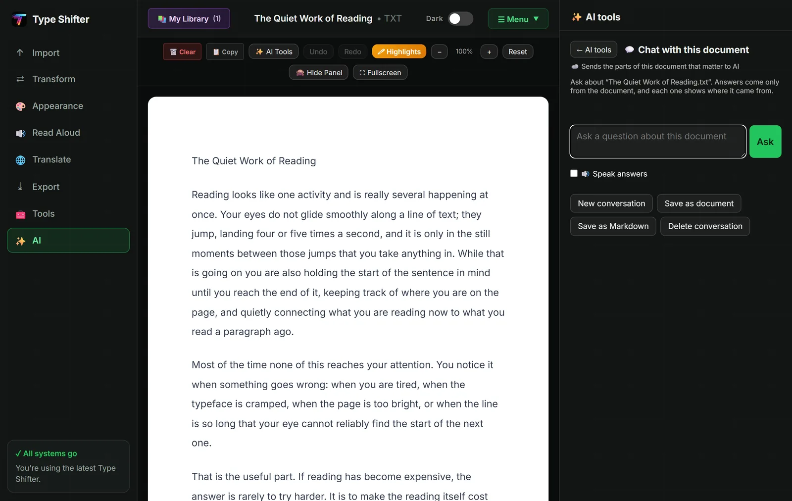 The Chat with this document panel in Type Shifter, showing the line Ask about The Quiet Work of Reading dot txt, answers come only from the document and each one shows where it came from, above a question box with an Ask button, a Speak answers option, and buttons for a new conversation, save as document, save as Markdown and delete conversation.