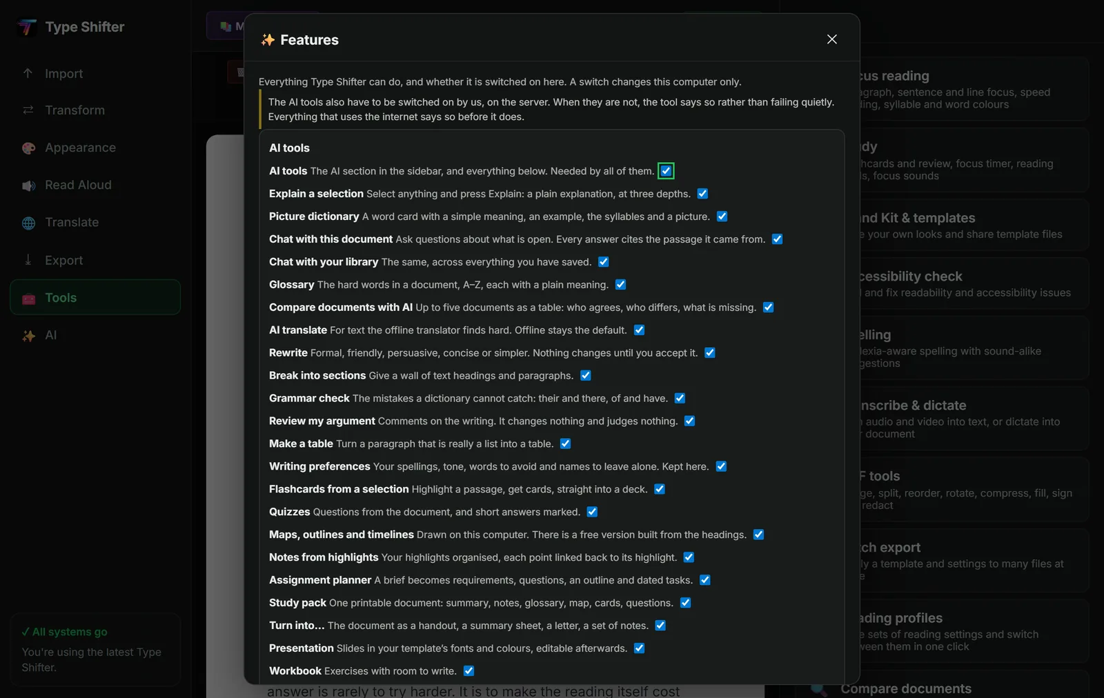The Features panel in Type Shifter, listing every AI tool with a plain English description and its own tick box, including Explain a selection, Picture dictionary, Chat with this document, Glossary, Compare documents with AI, Rewrite, Grammar check, Review my argument, Quizzes, Assignment planner and Study pack.
