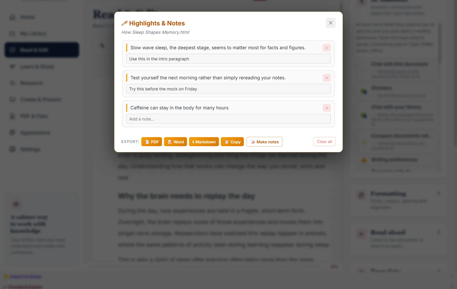 The Highlights and Notes window for How Sleep Shapes Memory, listing three highlighted passages, each with a note box: Slow wave sleep, the deepest stage, seems to matter most for facts and figures, with the note Use this in the intro paragraph; Test yourself the next morning rather than simply rereading your notes, with the note Try this before the mock on Friday; and Caffeine can stay in the body for many hours, with an empty note box. Export buttons for PDF, Word, Markdown and Copy sit along the bottom beside Make notes and Clear all.