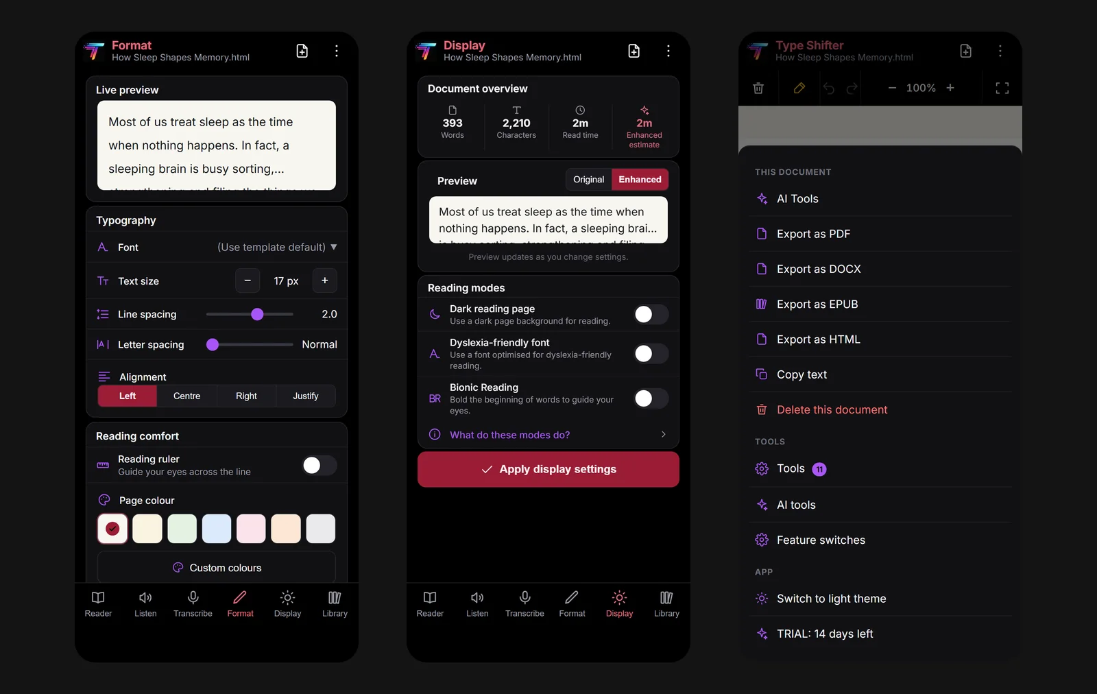 Three more Type Shifter phone screens. Format shows a live preview, Typography settings for font, text size at 17 pixels, line spacing at 2.0, letter spacing and alignment, and Reading comfort with a reading ruler switch and page colour swatches. Display shows a document overview of 393 words, 2,210 characters and a 2 minute read time, an Original and Enhanced preview switch, and reading mode switches for Dark reading page, Dyslexia-friendly font and Bionic Reading, with an Apply display settings button. The menu shows This document options for AI Tools, Export as PDF, DOCX, EPUB and HTML, Copy text and Delete this document, then Tools, AI tools, Feature switches and a switch to the light theme.