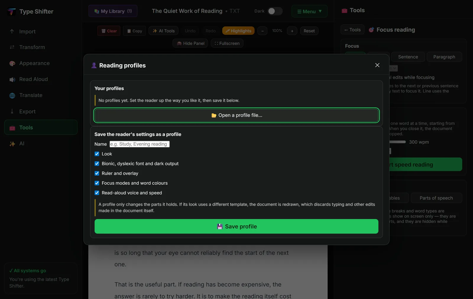 The Reading profiles dialog in Type Shifter, with a section for your saved profiles, a button to open a profile file, and a save section with a name field and tick boxes for Look, Bionic dyslexic font and dark output, Ruler and overlay, Focus modes and word colours, and Read-aloud voice and speed.