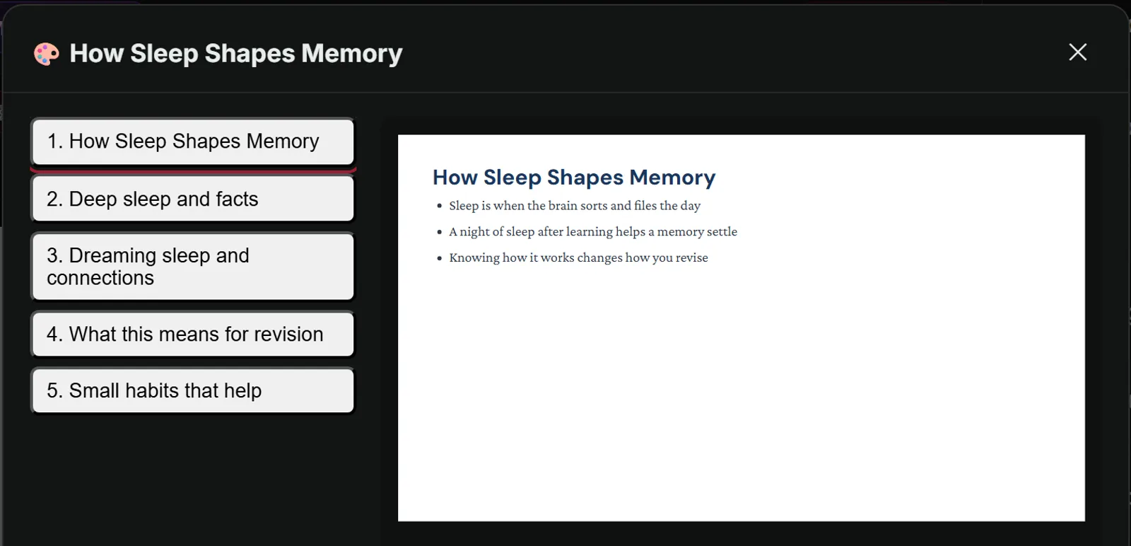 The Create window in Type Shifter showing a five slide deck called How Sleep Shapes Memory. The slide list reads 1 How Sleep Shapes Memory, 2 Deep sleep and facts, 3 Dreaming sleep and connections, 4 What this means for revision and 5 Small habits that help. The first slide is shown on the right with three bullet points.
