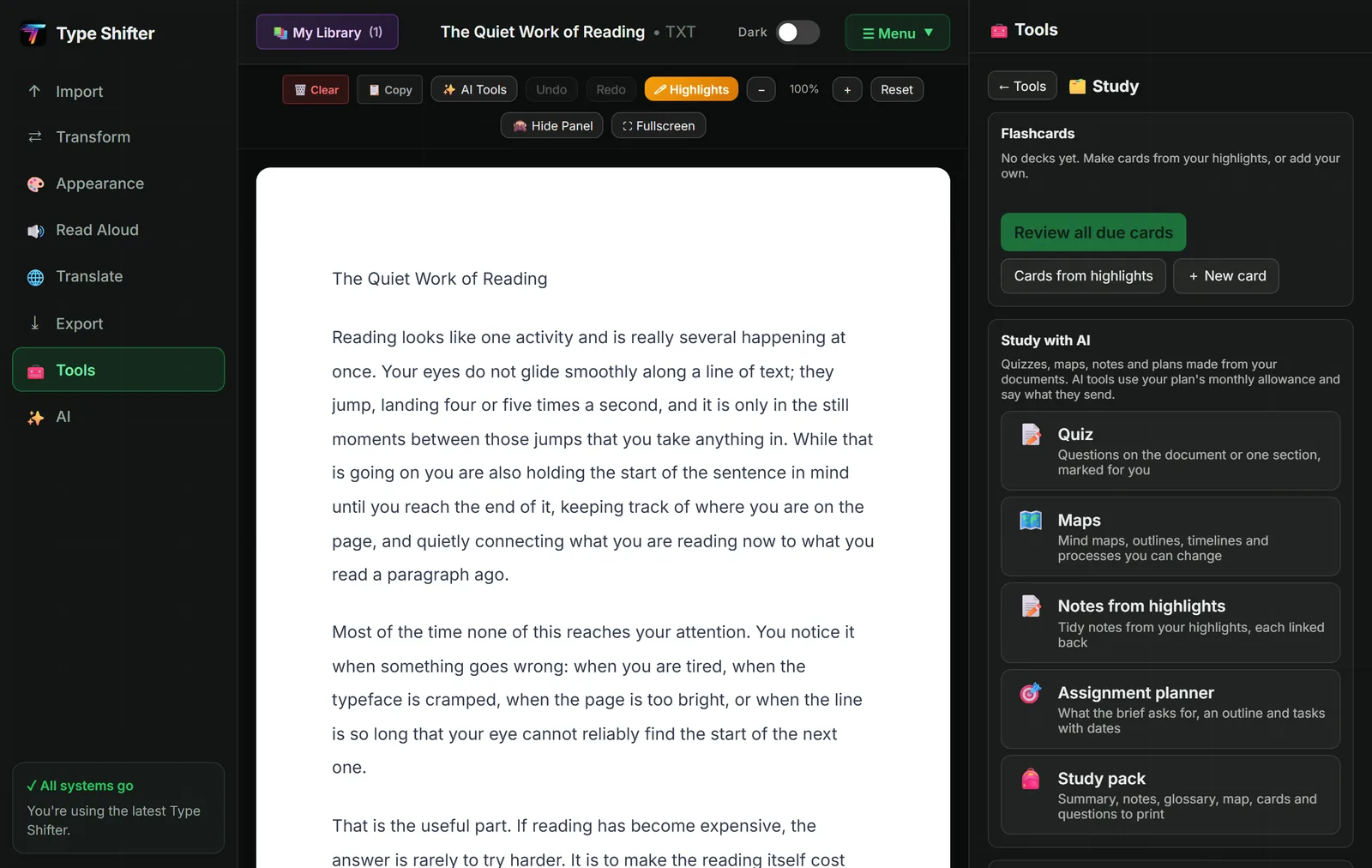 The Study panel in Type Shifter, with a Flashcards section offering to review all due cards, make cards from highlights or add a new card, and a Study with AI section listing Quiz, Maps, Notes from highlights, Assignment planner and Study pack, each with a one-line description.